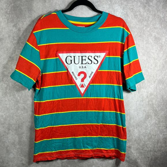 Vintage Guess Shirt Mens Medium‎ Blue Orange Striped Short Sleeve Crew Neck Y2K - Picture 2 of 9